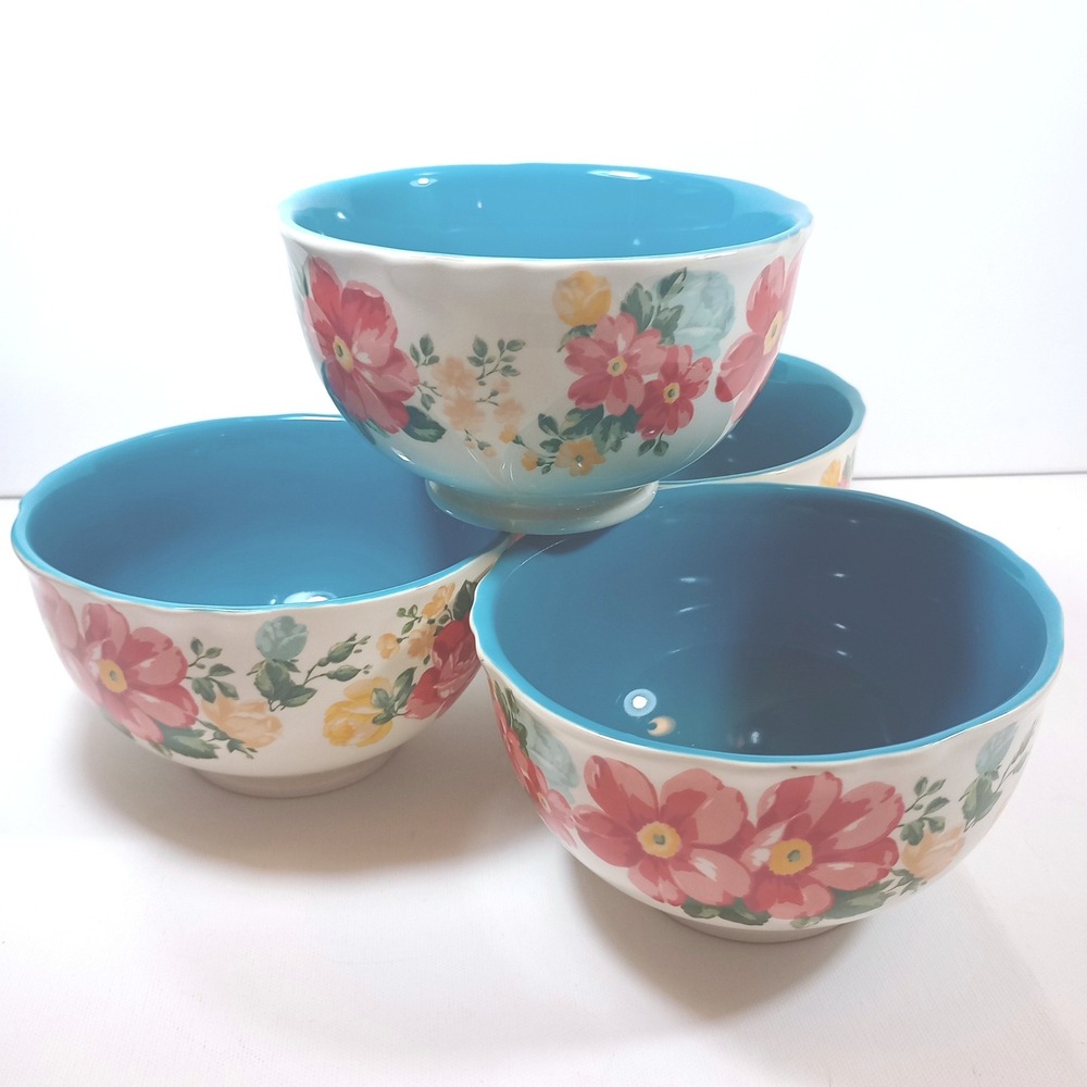 Vintage Pioneer Woman Floral Cereal Bowls Set of 4 Teal Stoneware 6'' 2015
